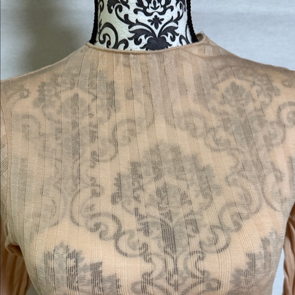 Vince Women’s Rib Cotton Long Sleeve Funnel Neck Sheer Top Color Tawny Peach NWT - Picture 2 of 14